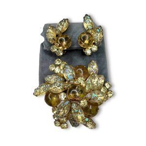 DeLizza Elster Juliana Yellow Peach Glass Brooch Earrings Set 1960s